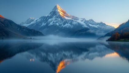 The mountain casts a stunning reflection on the calm waters of a lake as the sun sets, creating a breathtaking natural landscape with a snowy peak in the background