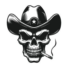 Smoking cowboy skull vector silhouette for print design