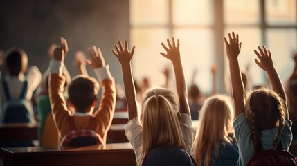 Enthusiastic children eagerly raise their hands to participate and answer questions in the...