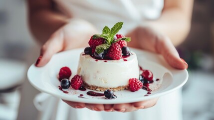 Close-up of delicate female hands cradling a white plate adorned with a delectable fresh berry dessert, Ai Generated - obrazy, fototapety, plakaty