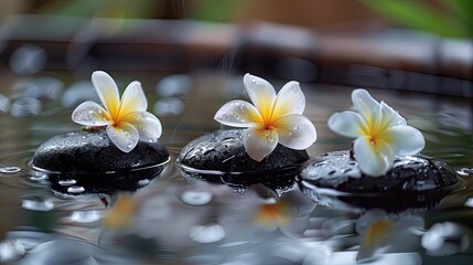 Japanese Zen Garden with Plumeria Flowers, Fountain, Massage Stones and Bamboo