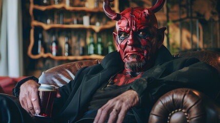 Der Teufel sitzt auf einem Ledersessel und trinkt Bier / Alkohol und Sucht / Wochenende in der Hölle / Ai-Ki generiert