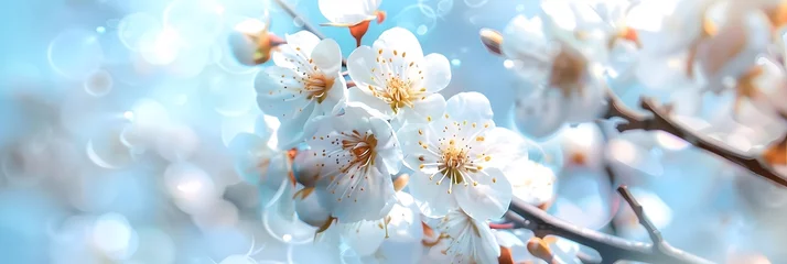 Photo sur Plexiglas Kiev Beautiful floral spring abstract background of nature. Branches of blossoming apricot macro with soft focus on gentle light blue sky background. For easter and spring greeting cards with copy space. 