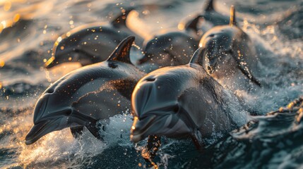 A pod of electric blue dolphins leaping from the water