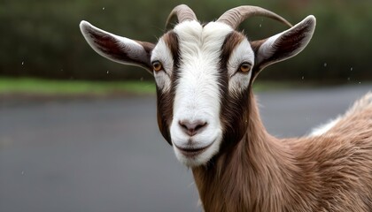 A Goat With Its Fur Slicked Back From The Rain