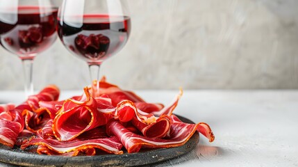 Wooden board with delicious jamon and red wine on light background