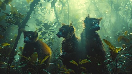 Naklejka premium Three lemurs in a jungle setting, surrounded by lush greenery