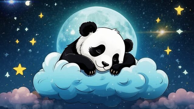 A baby panda sleeping on a starry cloud, seamless looping 4k animation video background 