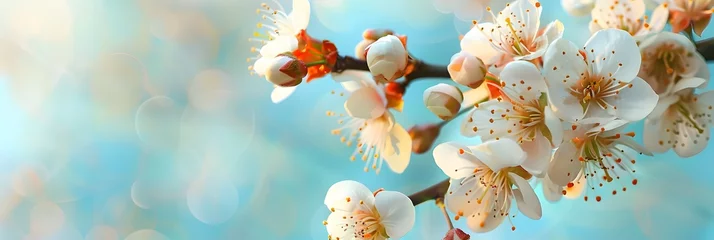 Deurstickers Beautiful floral spring abstract background of nature. Branches of blossoming apricot macro with soft focus on gentle light blue sky background. For easter and spring greeting cards with copy space.  © Ziyan