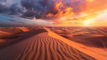 Foto auf Acrylglas Antireflex The Dubai desert is beautifully depicted at sunset, capturing the serene and vast landscape of the United Arab Emirates © Orxan