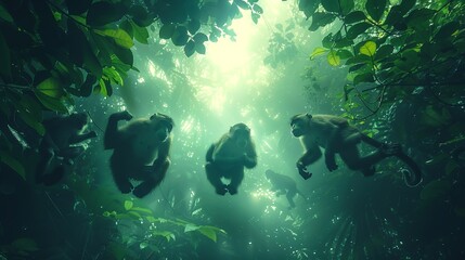 Fototapeta na wymiar Chimpanzees strolling through vibrant forest with towering trees