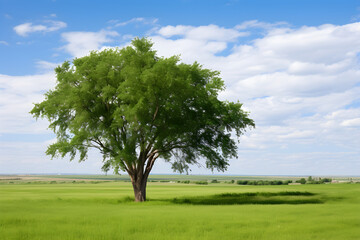 Fototapeta na wymiar Majestic Elm Tree Dominating a Serene Green Landscape under a Clear Blue Sky