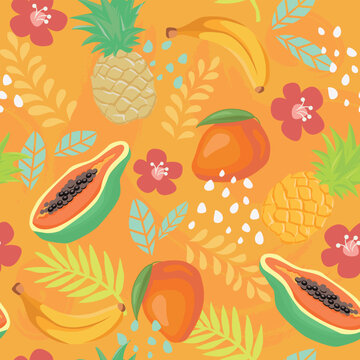 orange fruites Tropical seamless vector pattern on an orange background with exotic leaves and fruits. Perfect for wallpaper, food wrapping paper, fabric, background etc.