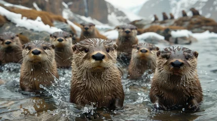 Fotobehang A group of otters in their natural habitat by the water, gazing at the camera © yuchen