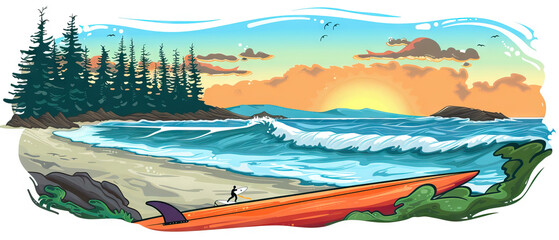 Naklejka premium Vancouver Island Surfing: Pacific Coast Waves, Surf Schools, and Beach Culture