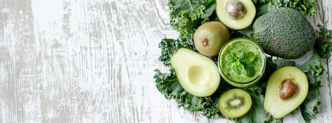 Green smoothie above view with kale avocado spinach apple and kiwi against a white wood background 