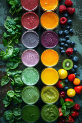 Selection of colourful smoothies on rustic wood background 