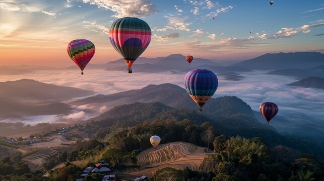 The tranquil beauty of Dot Inthanon in Chiang Mai, Thailand, is captured with colorful hot air balloons flying over the mountains, adding an adventurous touch to travel