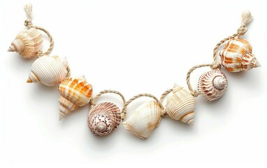 Shell Necklace with Seashells and String Isolated on White Background.