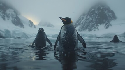 Flightless bird penguins swimming in fluid water with beaks and fins