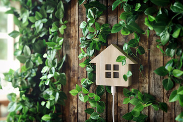 A wooden house shaped like a house surrounded by lush green leaves in a natural setting.