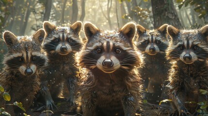 Carnivore raccoons with fur standing near trees in natural landscape