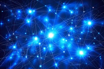 A digital blue background featuring intricate lines and dots creating a dynamic visual pattern.