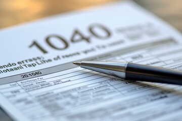A pen rests on top of a Form 1040 tax document, ready for filling out.