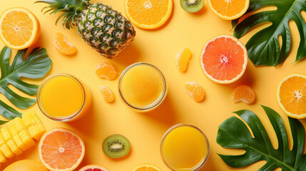 Add a pop of color to your summer marketing with this vibrant top view flat lay photo of citrus juice cocktails in glass jars ananas orange kiwi set against a trendy yellow background  - obrazy, fototapety, plakaty