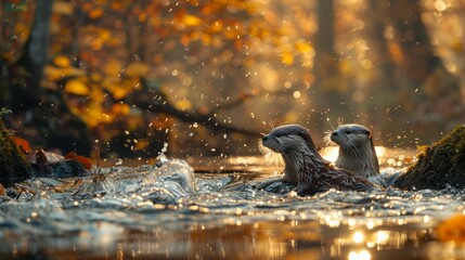 Two otters swimming peacefully in serene river within woodlands