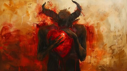 A devil holding his heart in the burning flames - obrazy, fototapety, plakaty
