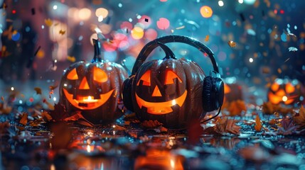 Pumpkin Groove: Halloween Disco Party with Headphones, Confetti, and Defocused Lights in Nightclub