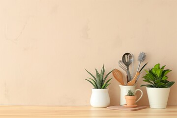 Three various potted plants displayed on a wooden table.