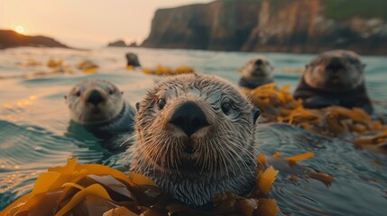 Sea otters, carnivorous terrestrial animals, swim in the ocean near the beach