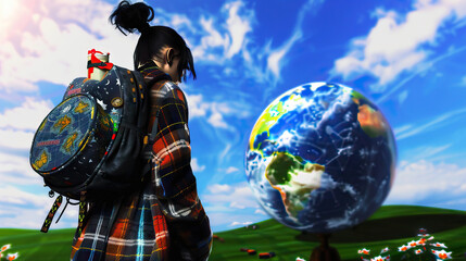 Dreamy Wanderlust: Traveler with Backpack and Vintage Globe in Soft Focus Background