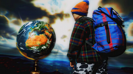 Dreamy Wanderlust: Traveler with Backpack and Vintage Globe in Soft Focus Background - obrazy, fototapety, plakaty