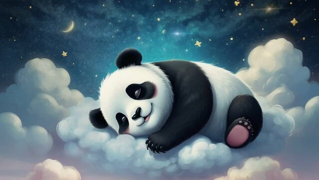 A baby panda sleeping on a starry cloud, seamless looping 4k animation video background 