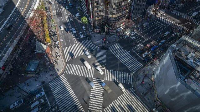 Timelapse view of busy intersection in Ginza, a popular upscale shopping area of Tokyo, Japan.