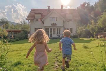A boy and a girl are sprinting across the grassy plain towards a house, under the summer sky filled with fluffy clouds, surrounded by trees and a natural landscape