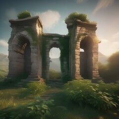An ancient, overgrown ruin with crumbling stone archways and pillars2