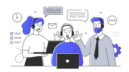 Support center simple. Woman and man in headphones answer to clients questions. Technical support, hot line call center opeartors. Doodle flat vector illustration isolated on white background