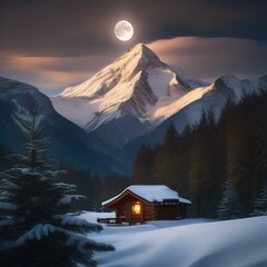 A majestic, snow-covered mountain peak bathed in the light of a full moon1