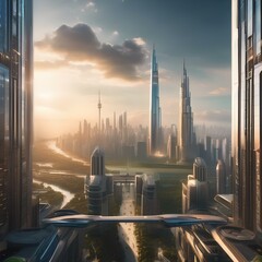 A futuristic cityscape with towering skyscrapers and flying cars, bathed in the light of a rising sun1 - obrazy, fototapety, plakaty