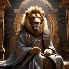 A lion wearing a wizard's robe, casting a spell with a wand1 - obrazy, fototapety, plakaty