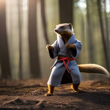 A mongoose wearing a ninja costume, striking a martial arts pose1