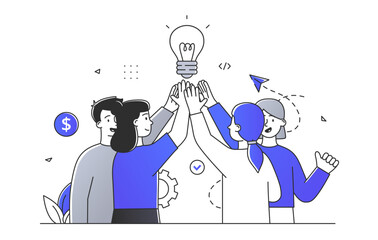 Team brainstorming simple. Men and women with light bulb. Insight and brainstorming, idea. Collaboration and cooperation, partnership. Doodle flat vector illustration isolated on white background