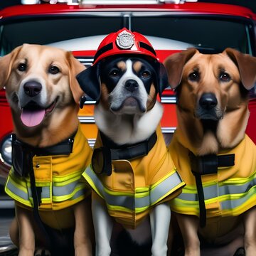 A group of dogs dressed as firefighters, standing in front of a miniature fire truck1