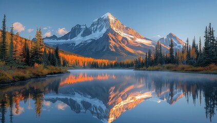 A mountain is mirrored in the tranquil waters of a lake, embraced by a lush forest of trees, under...
