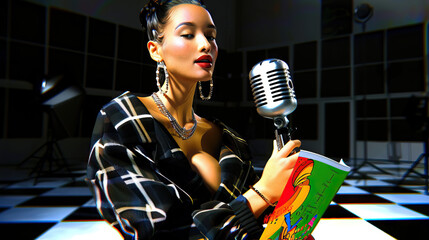 Latino Woman Reading Poetry at Open Mic Night: Sharing personal stories and emotions through spoken word