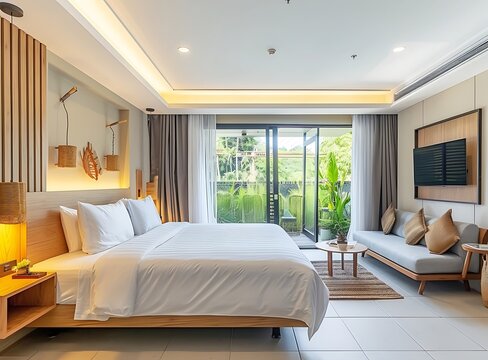A wide angle photo of the interior design and decoration of an elegant hotel room in Thailand, in a modern style with a large bed, sofa and coffee table at the front wall and a window behind it